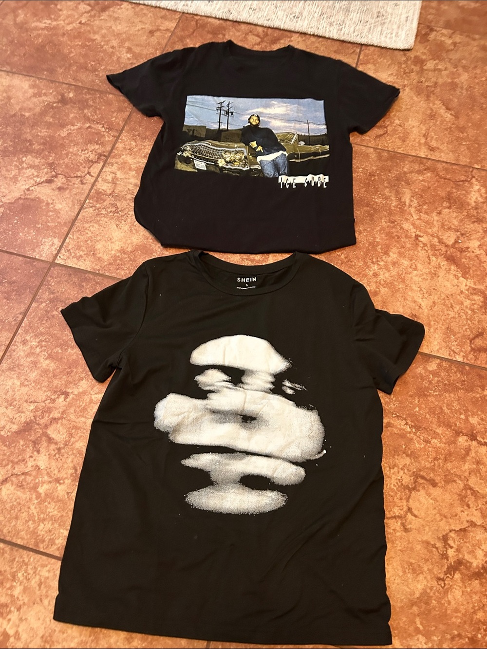 Black Tee Set with White Graphic Prints